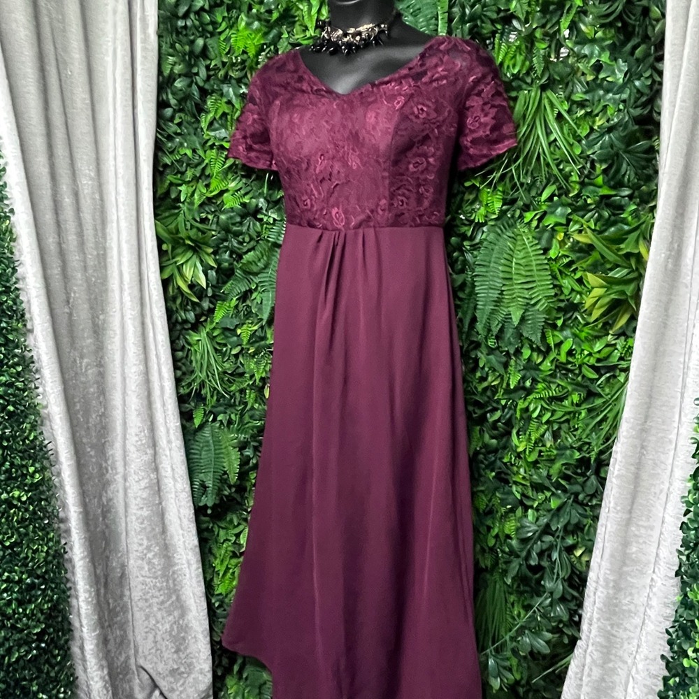 Elegant Burgundy Lace Top Maxi Dress Special‎ Occasion Evening Gown 3124